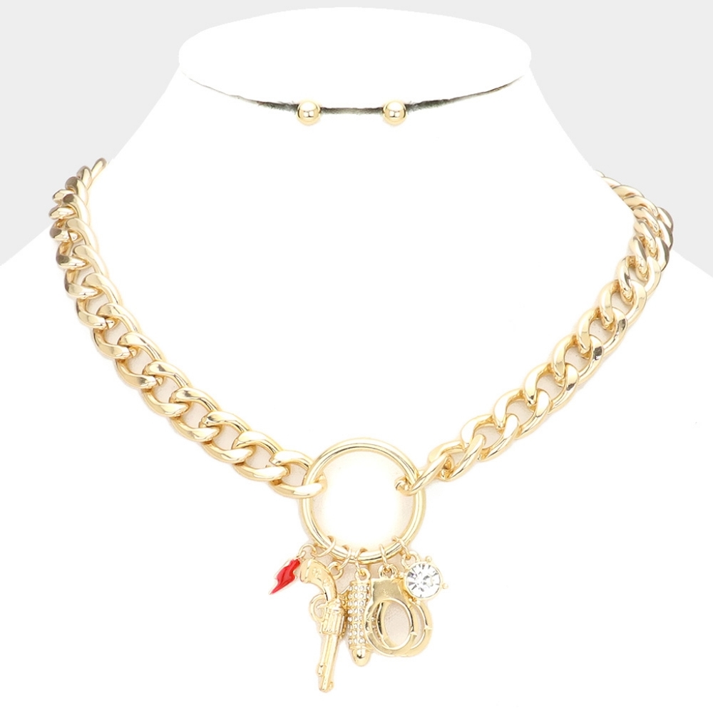Gold Bullet Gun Handcuffs Pendant Necklace Chain